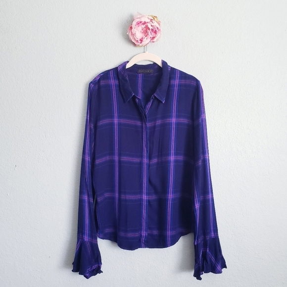 Sanctuary Purple and Blue Plaid Bellsleeve Buttondown - Picture 1 of 7